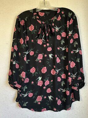 Torrid Georgette Bow Tie Blouse Plus 2X Size 2 Black Pink Floral Roses Bird Top